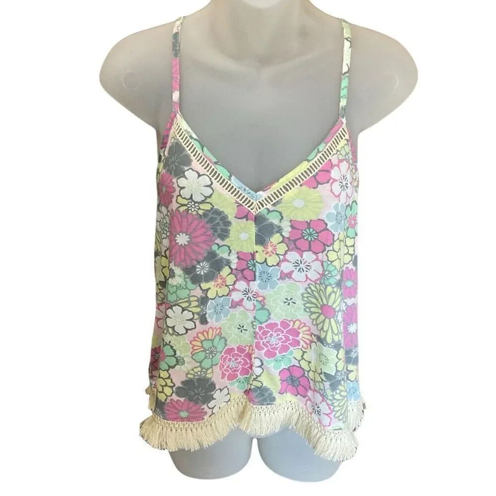 Xhiliration Pajama Top Fringe Cream Pink Floral Crisscross Back Straps Medium